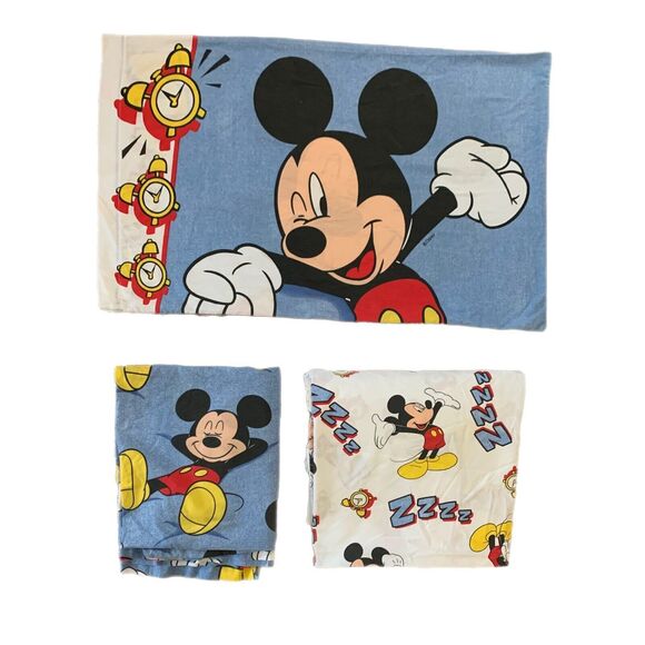 Mickey Mouse Twin Sheet Set 3 Piece Disney Zzzzzz Alarm Clock Vintage - Picture 1 of 4